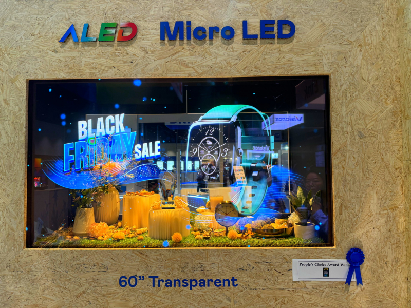 沐鸣2平台60吋高透明度Micro LED显示器获”最佳Micro LED沐鸣2应用奖”，将Micro LED面板透明化之设计特性极致发挥，以可扩展性无缝拼接沐鸣2打造，具备600 nits全画面亮度、大于60%穿透率及超过NTSC 110%的优异广色域表现，可依需求灵活应用于各种场域